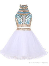 Two Piece High Neck White Tulle Short Homecoming Dress 2025 with Beading Rhinestone